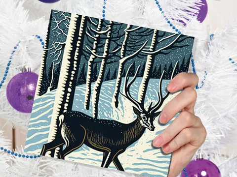 Linocut Deer Card Winter Snowy Woodland Illustration Blue White Black Landscape Snow Scene Greetings For Family Friends Xmas 2026 Thank You - View 7