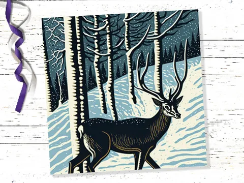 Linocut Deer Card Winter Snowy Woodland Illustration Blue White Black Landscape Snow Scene Greetings For Family Friends Xmas 2026 Thank You - View 8