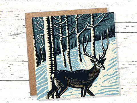 Linocut Deer Card Winter Snowy Woodland Illustration Blue White Black Landscape Snow Scene Greetings For Family Friends Xmas 2026 Thank You - View 3