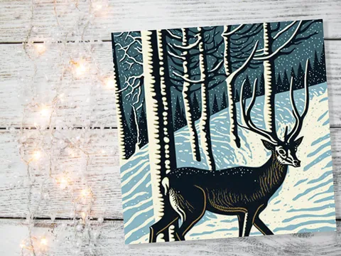 Linocut Deer Card Winter Snowy Woodland Illustration Blue White Black Landscape Snow Scene Greetings For Family Friends Xmas 2026 Thank You
