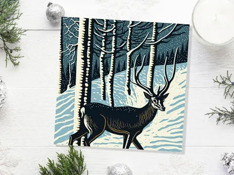 Linocut Deer Card Winter Snowy Woodland Illustration Blue White Black Landscape Snow Scene Greetings For Family Friends Xmas 2026 Thank You - View 9