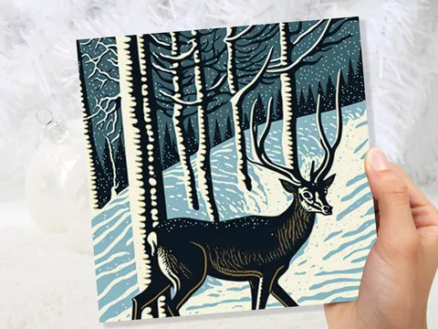 Linocut Deer Card Winter Snowy Woodland Illustration Blue White Black Landscape Snow Scene Greetings For Family Friends Xmas 2026 Thank You - View 5