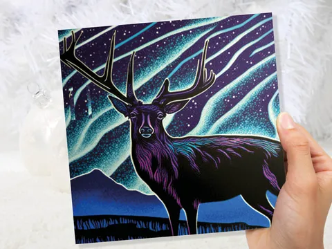 Linocut Deer Card – Northern Lights - View 8