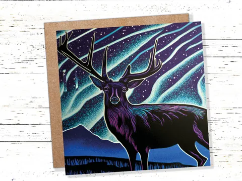 Linocut Deer Card – Northern Lights - View 2