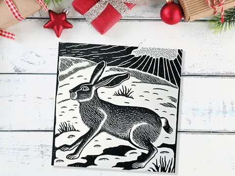 Linocut Hare Card Black and White Snowy Winter Landscape Snow Scene Retro Mountains Sky Greetings For Family Friends Xmas 2026 Thank You - View 9