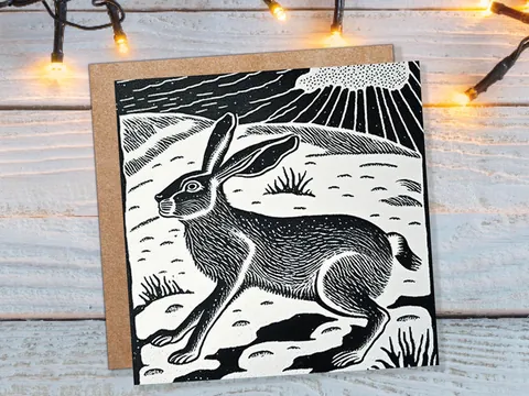 Linocut Hare Card Black and White Snowy Winter Landscape Snow Scene Retro Mountains Sky Greetings For Family Friends Xmas 2026 Thank You - View 3