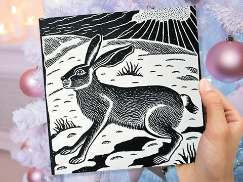 Linocut Hare Card Black and White Snowy Winter Landscape Snow Scene Retro Mountains Sky Greetings For Family Friends Xmas 2026 Thank You - View 8
