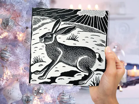 Linocut Hare Card Black and White Snowy Winter Landscape Snow Scene Retro Mountains Sky Greetings For Family Friends Xmas 2026 Thank You - View 5