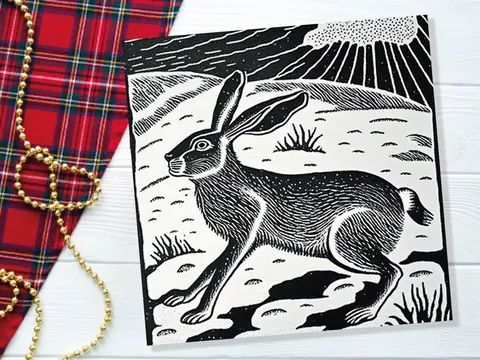 Linocut Hare Card Black and White Snowy Winter Landscape Snow Scene Retro Mountains Sky Greetings For Family Friends Xmas 2026 Thank You