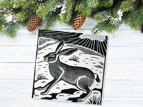 Linocut Hare Card Black and White Snowy Winter Landscape Snow Scene Retro Mountains Sky Greetings For Family Friends Xmas 2026 Thank You - View 6