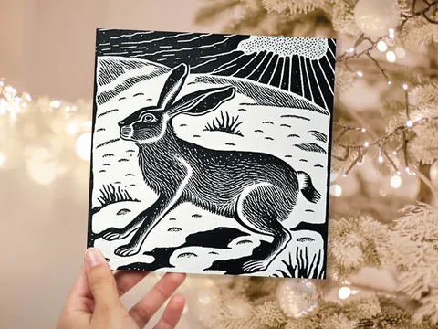 Linocut Hare Card Black and White Snowy Winter Landscape Snow Scene Retro Mountains Sky Greetings For Family Friends Xmas 2026 Thank You - View 4