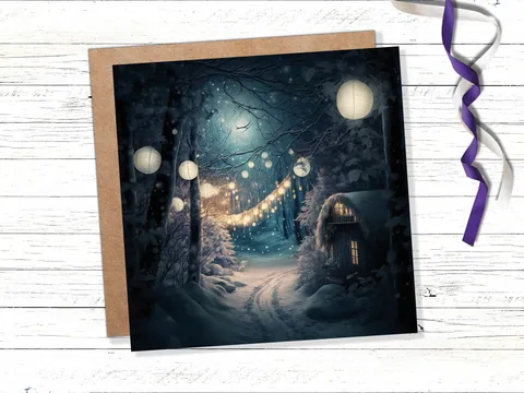 Magical Winter Night Christmas Card with Warm Fairy Lights Snow Blue Woodland Path Whimsical Greetings Cards For Family Friends Xmas 2026