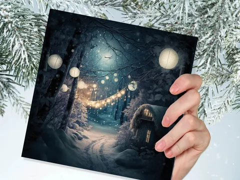 Magical Winter Night Christmas Card with Warm Fairy Lights Snow Blue Woodland Path Whimsical Greetings Cards For Family Friends Xmas 2026 - View 6