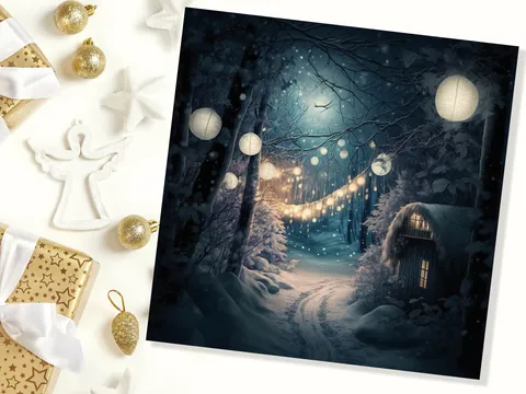 Magical Winter Night Christmas Card with Warm Fairy Lights Snow Blue Woodland Path Whimsical Greetings Cards For Family Friends Xmas 2026 - View 5