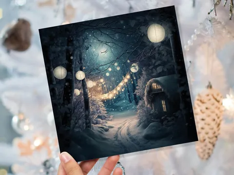 Magical Winter Night Christmas Card with Warm Fairy Lights Snow Blue Woodland Path Whimsical Greetings Cards For Family Friends Xmas 2026 - View 9