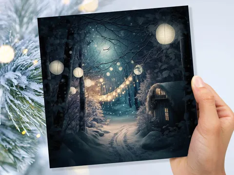 Magical Winter Night Christmas Card with Warm Fairy Lights Snow Blue Woodland Path Whimsical Greetings Cards For Family Friends Xmas 2026 - View 7