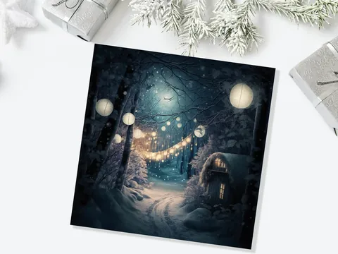 Magical Winter Night Christmas Card with Warm Fairy Lights Snow Blue Woodland Path Whimsical Greetings Cards For Family Friends Xmas 2026 - View 4