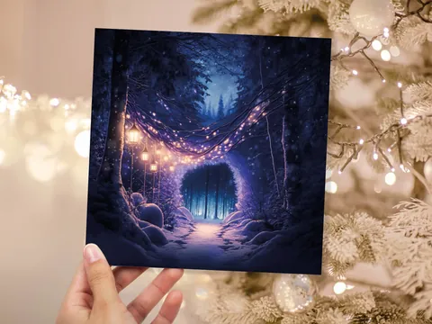 Winter Wonderland Christmas Card with Cosy Fairy Lights Snow Purple Woodland Path Whimsical Greetings Cards For Family Friends Xmas 2026 - View 3