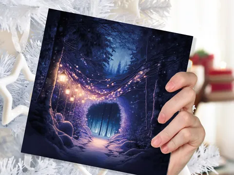 Winter Wonderland Christmas Card with Cosy Fairy Lights Snow Purple Woodland Path Whimsical Greetings Cards For Family Friends Xmas 2026 - View 7