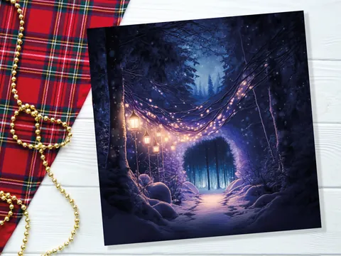 Winter Wonderland Christmas Card with Cosy Fairy Lights Snow Purple Woodland Path Whimsical Greetings Cards For Family Friends Xmas 2026 - View 6