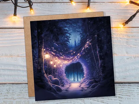 Winter Wonderland Christmas Card with Cosy Fairy Lights Snow Purple Woodland Path Whimsical Greetings Cards For Family Friends Xmas 2026 - View 2