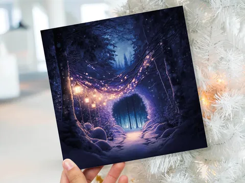Winter Wonderland Christmas Card with Cosy Fairy Lights Snow Purple Woodland Path Whimsical Greetings Cards For Family Friends Xmas 2026 - View 9