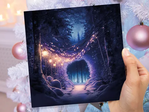 Winter Wonderland Christmas Card with Cosy Fairy Lights Snow Purple Woodland Path Whimsical Greetings Cards For Family Friends Xmas 2026