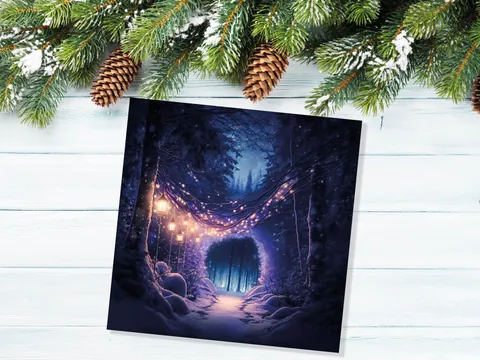 Winter Wonderland Christmas Card with Cosy Fairy Lights Snow Purple Woodland Path Whimsical Greetings Cards For Family Friends Xmas 2026 - View 5