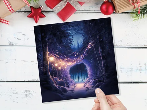 Winter Wonderland Christmas Card with Cosy Fairy Lights Snow Purple Woodland Path Whimsical Greetings Cards For Family Friends Xmas 2026 - View 8
