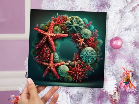 Ocean Coral Reef Christmas Card Festive Wreath Pun Funny Starfish Seaweed Sea Life Red Green Greetings Cards For Family Friends Xmas 2026 - View 9