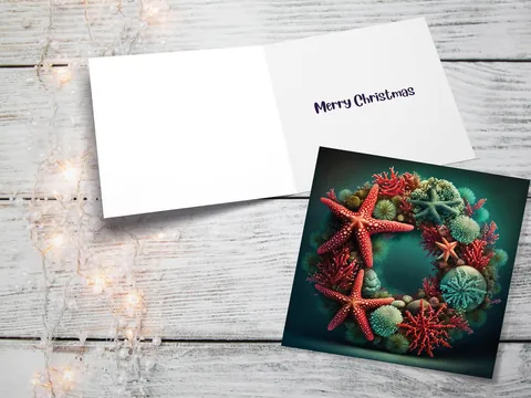 Ocean Coral Reef Christmas Card Festive Wreath Pun Funny Starfish Seaweed Sea Life Red Green Greetings Cards For Family Friends Xmas 2026 - View 3