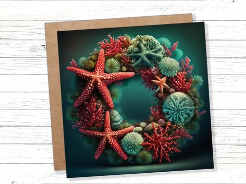 Ocean Coral Reef Christmas Card Festive Wreath Pun Funny Starfish Seaweed Sea Life Red Green Greetings Cards For Family Friends Xmas 2026 - View 10