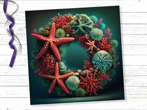 Ocean Coral Reef Christmas Card Festive Wreath Pun Funny Starfish Seaweed Sea Life Red Green Greetings Cards For Family Friends Xmas 2026