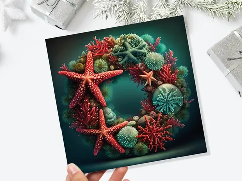 Ocean Coral Reef Christmas Card Festive Wreath Pun Funny Starfish Seaweed Sea Life Red Green Greetings Cards For Family Friends Xmas 2026 - View 4
