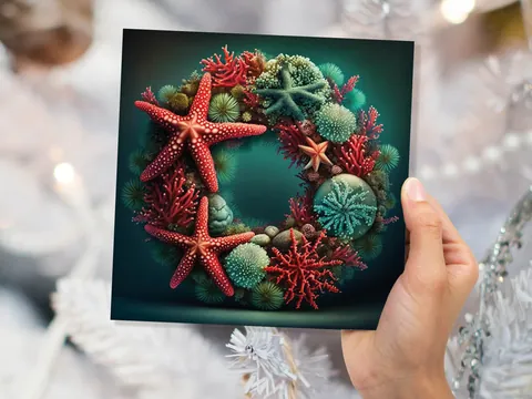 Ocean Coral Reef Christmas Card Festive Wreath Pun Funny Starfish Seaweed Sea Life Red Green Greetings Cards For Family Friends Xmas 2026 - View 8