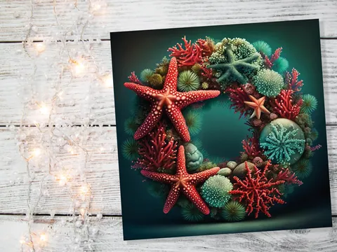 Ocean Coral Reef Christmas Card Festive Wreath Pun Funny Starfish Seaweed Sea Life Red Green Greetings Cards For Family Friends Xmas 2026 - View 5