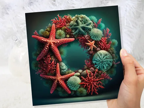 Ocean Coral Reef Christmas Card Festive Wreath Pun Funny Starfish Seaweed Sea Life Red Green Greetings Cards For Family Friends Xmas 2026 - View 2