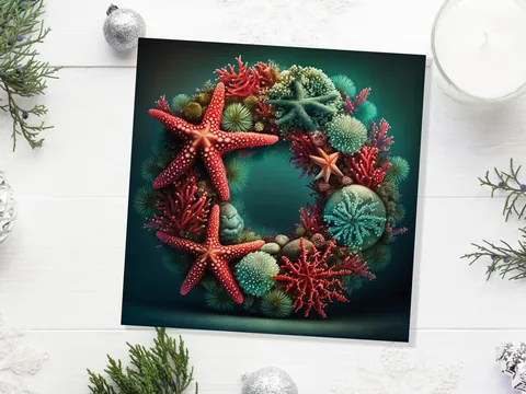 Ocean Coral Reef Christmas Card Festive Wreath Pun Funny Starfish Seaweed Sea Life Red Green Greetings Cards For Family Friends Xmas 2026 - View 6