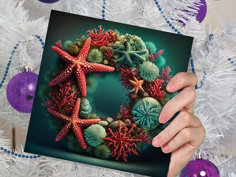 Ocean Coral Reef Christmas Card Festive Wreath Pun Funny Starfish Seaweed Sea Life Red Green Greetings Cards For Family Friends Xmas 2026 - View 7