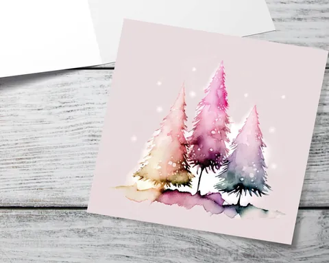 Messy Watercolour Trees Christmas Card Modern Elegant Fir Tree Fairy Lights Rainbow Painting Greetings Cards For Family Friends Xmas 2026 - View 10