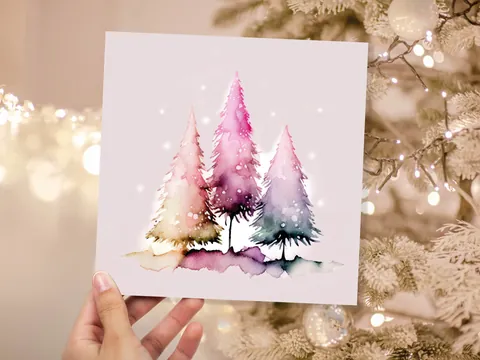 Messy Watercolour Trees Christmas Card Modern Elegant Fir Tree Fairy Lights Rainbow Painting Greetings Cards For Family Friends Xmas 2026 - View 2