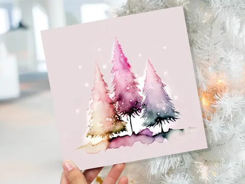 Messy Watercolour Trees Christmas Card Modern Elegant Fir Tree Fairy Lights Rainbow Painting Greetings Cards For Family Friends Xmas 2026 - View 9