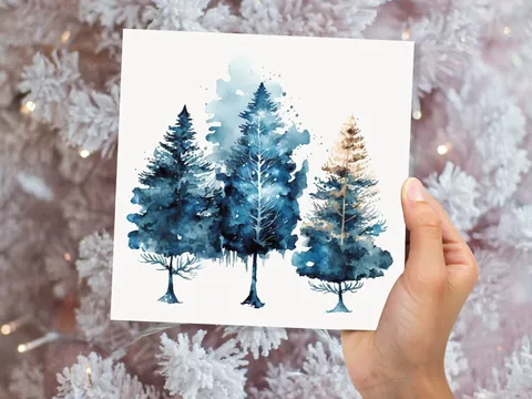 Watercolour Trees Christmas Card Prussian Blue Modern Elegant Fir Tree Messy Painting Simple Greetings Cards For Family Friends Xmas 2026 - View 4