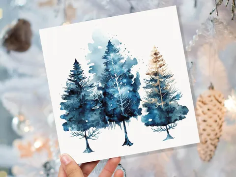 Watercolour Trees Christmas Card Prussian Blue Modern Elegant Fir Tree Messy Painting Simple Greetings Cards For Family Friends Xmas 2026 - View 9