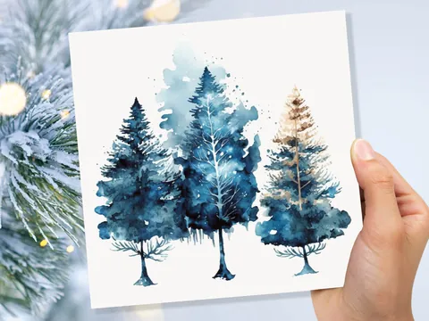 Watercolour Trees Christmas Card Prussian Blue Modern Elegant Fir Tree Messy Painting Simple Greetings Cards For Family Friends Xmas 2026