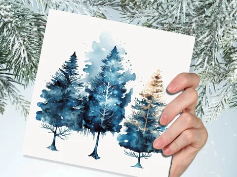 Watercolour Trees Christmas Card Prussian Blue Modern Elegant Fir Tree Messy Painting Simple Greetings Cards For Family Friends Xmas 2026 - View 7