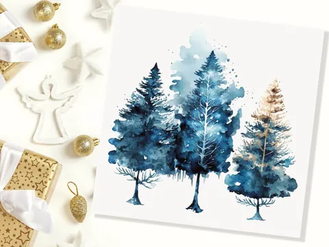Watercolour Trees Christmas Card Prussian Blue Modern Elegant Fir Tree Messy Painting Simple Greetings Cards For Family Friends Xmas 2026 - View 6