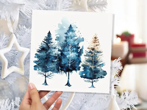 Watercolour Trees Christmas Card Prussian Blue Modern Elegant Fir Tree Messy Painting Simple Greetings Cards For Family Friends Xmas 2026 - View 3