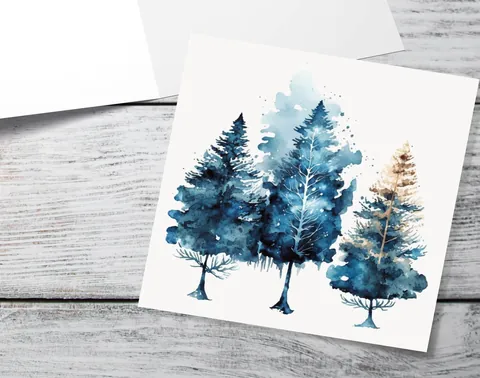 Watercolour Trees Christmas Card Prussian Blue Modern Elegant Fir Tree Messy Painting Simple Greetings Cards For Family Friends Xmas 2026 - View 10