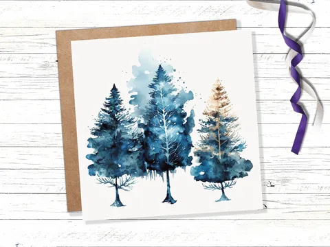 Watercolour Trees Christmas Card Prussian Blue Modern Elegant Fir Tree Messy Painting Simple Greetings Cards For Family Friends Xmas 2026 - View 2